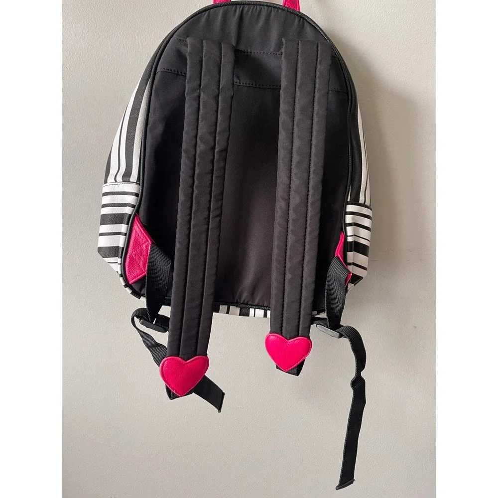 Betsey Johnson Mini Backpack Black White Striped Pink Heart inside Floral EUC